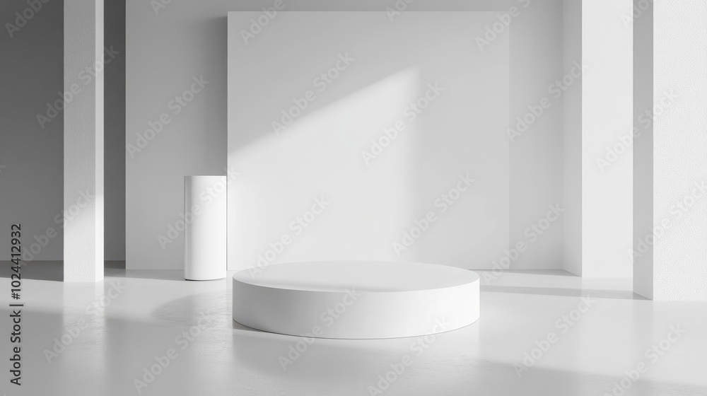 Poster abstract corner wall with geometric cylinder podium 3d rendering minimal white backdrop