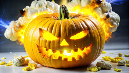 Scary carved yellow pumpkin exploding like a bomb.