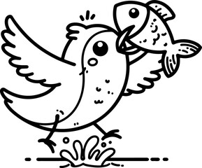 Cartoon seagull snatching a fish, hand-drawn in line art style. Vector illustration, isolated for easy use in kid's designs, playful projects, and marine-themed creations.