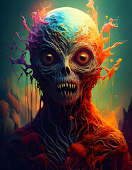 Scary halloween monster with paint splashing on its head