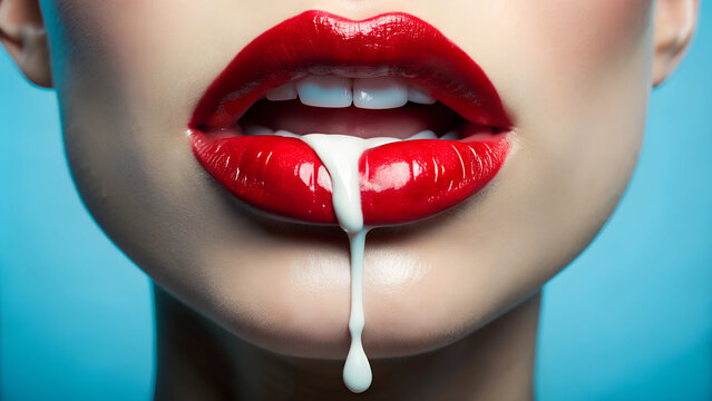 The woman's lustful red lips dripped with white sticky milk. Blue background, close-up.