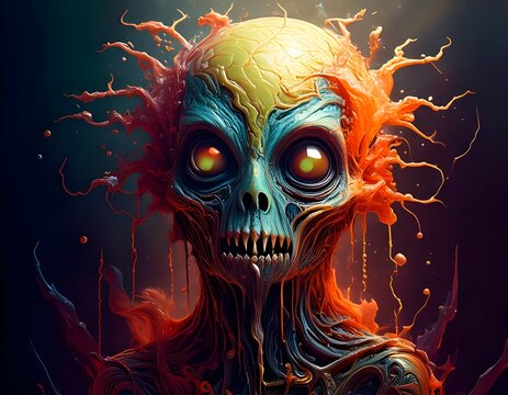 Colorful paint exploding from head of halloween monster