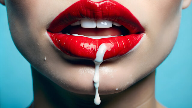 The woman's lustful red lips dripped with white sticky milk. Blue background, close-up.