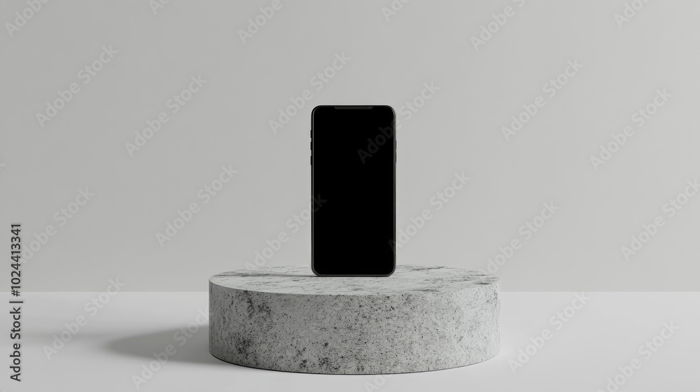 Poster 3D rendering of a smartphone with a blank screen positioned on a round white stone pedestal displayed flat against a minimalistic white backdrop suitable for commercial advertising use