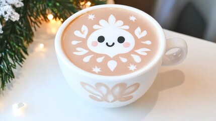 Coffee Cup with Leaf and Snow Latte Art
