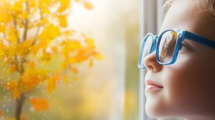 Young child wearing blue glasses focusing on distant tree outside window, symbolizing myopia prevention and importance of outdoor activities