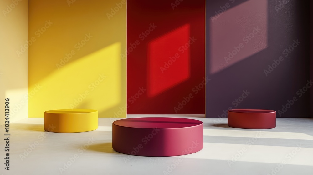 Poster Collection of 3D product display backgrounds in red yellow and dark purple on a white floor with open space Minimalist abstract composition Studio showcase for fashion product presentation