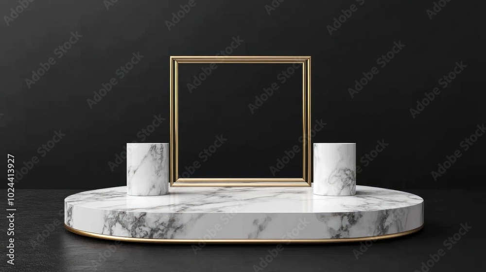 Aufkleber 3D rendering of a white marble pedestal on a black background featuring a gold square frame and two cylindrical blocks embodying an abstract minimal concept with blank space and a simple clean des
