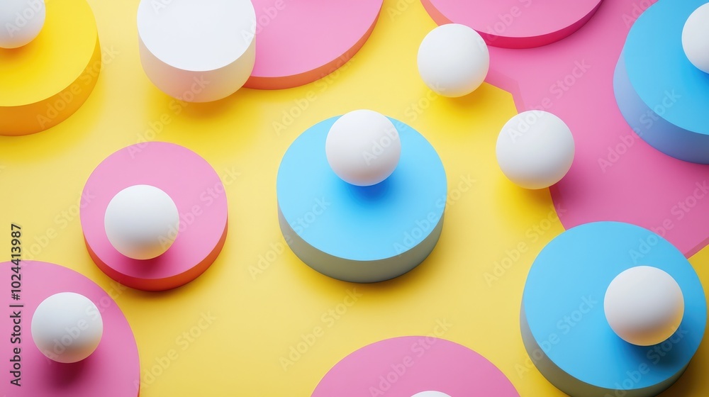 Poster collection of 3d circle pedestals in yellow blue pink and white viewed from above featuring a dynami