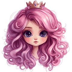 Obraz premium Chibi Princess with Pink Curly Hair and Crown - Cute Character Art