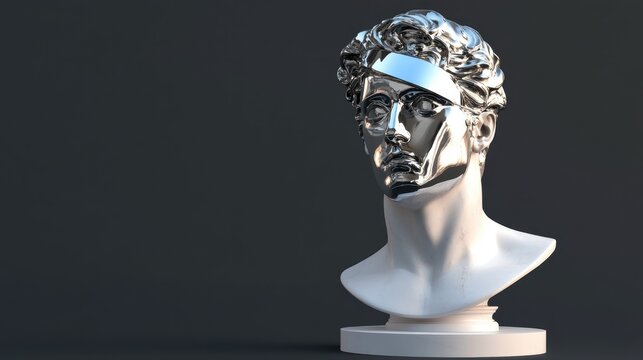3D rendering of a white marble classical male bust with an abstract silver chrome reflective face piece set against a dark grey background
