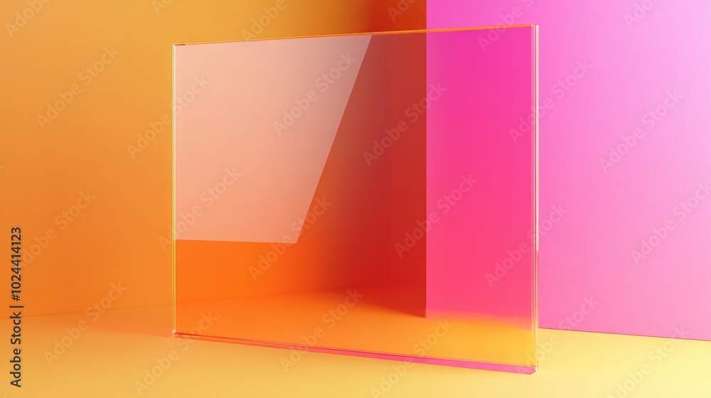 Poster 3d rendering of a transparent acrylic board in vibrant pink and orange overlapping background suitab