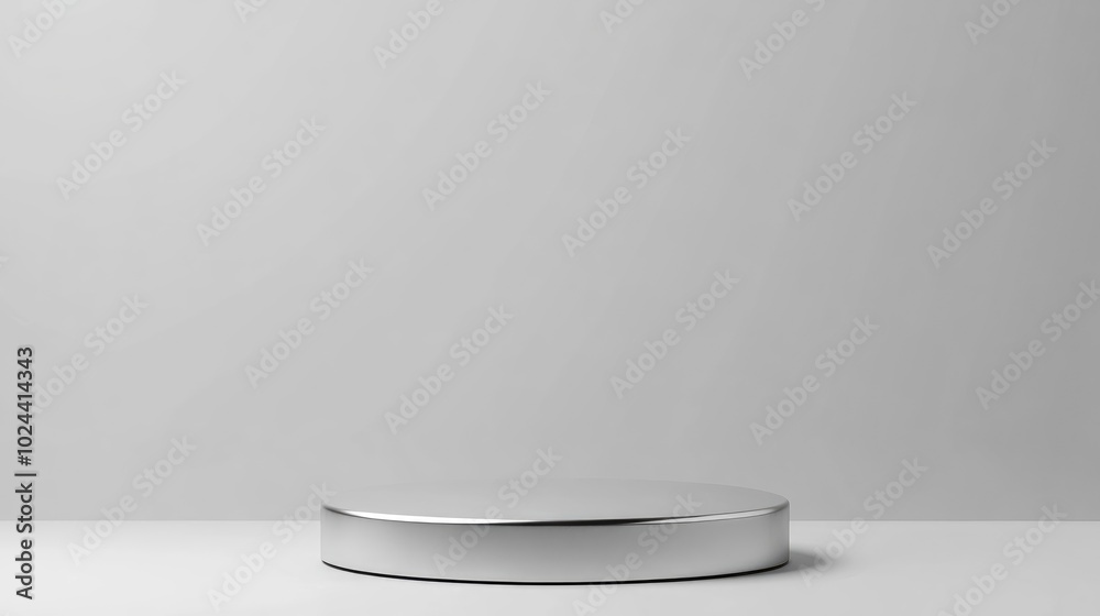 Poster 3d podium display with silver pedestal and blank backdrop for product presentation