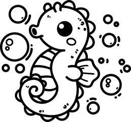 Cartoon seahorse with a bubble, hand-drawn in-line art style. Vector illustration, isolated for easy use in kid's designs, playful projects, and underwater-themed creations.