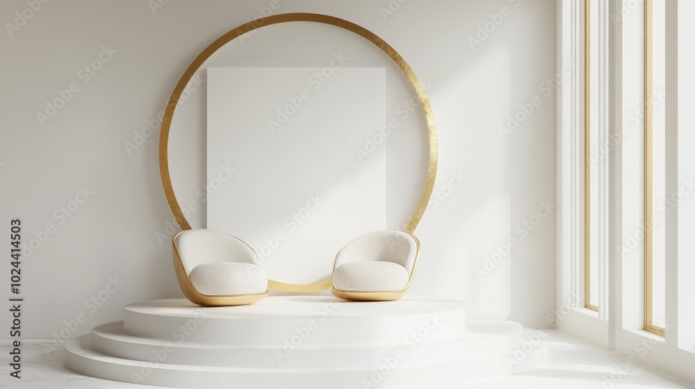 Poster clean white and gold product pedestal on a white background featuring a gold frame and a memorial bo