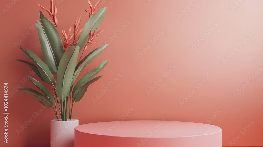 Poster 3d rendering of a minimal podium pedestal stand in a soothing coral color