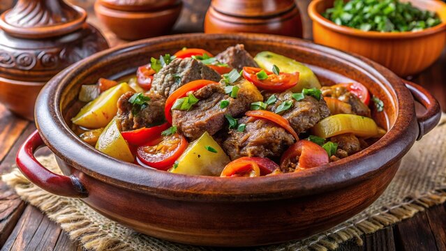 Traditional Moroccan slow cooked Tangia dish in clay pot