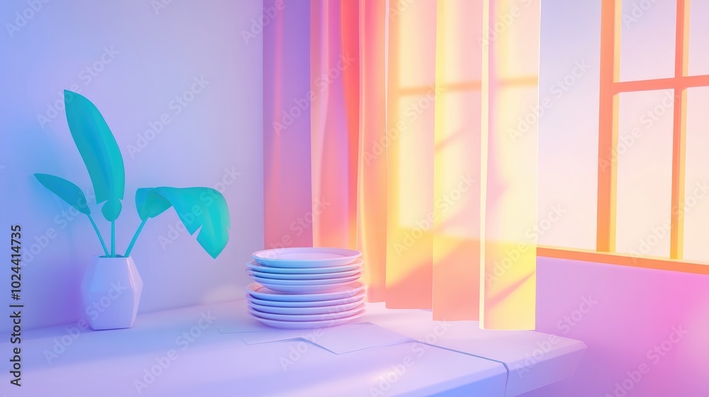 Poster a partially torn curtain drapes over a stack of plates in a contemporary kitchen showcasing a sleek 