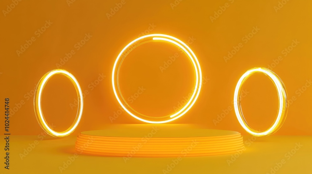Poster 3d rendering of a yellow platform featuring glowing neon lights and transparent glass rings composit