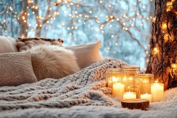 A cozy, winter-inspired scene featuring soft blankets, plush pillows, and glowing candles against a backdrop of twinkling lights.