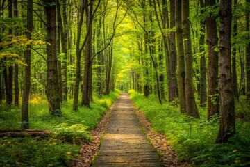 Fototapeta premium Trail through woods disappearing into distance at a tilted angle