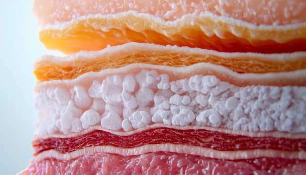 A zoomed-in 3D view of the epidermis, showing the layers of keratinocytes, stratum spinosum, and stratum basale, with dermal papillae connecting to the dermis below.