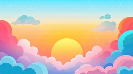 Abstract sky background featuring fluffy pink clouds pastel blue and yellow hues with a fantasy inspired dramatic orange sunset and a whimsical soft sunrise in a mystical 2D cartoon style