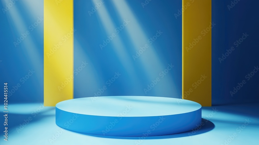 Aufkleber Abstract minimal scene featuring a blue backdrop with geometric yellow shapes for product showcase 3D rendering