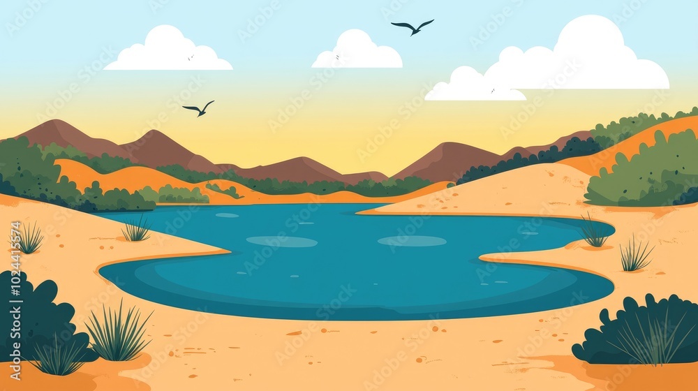 Poster beautiful flat design of a natural landscape featuring a tranquil lake nestled between sandy shores 
