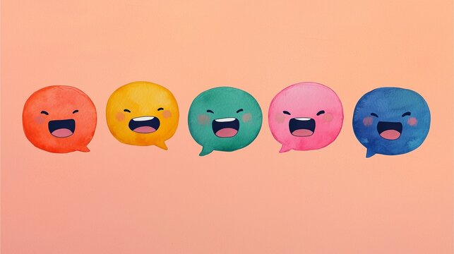 Five colorful speech bubbles display various emotions, featuring faces that express different feelings in a playful and vibrant design.