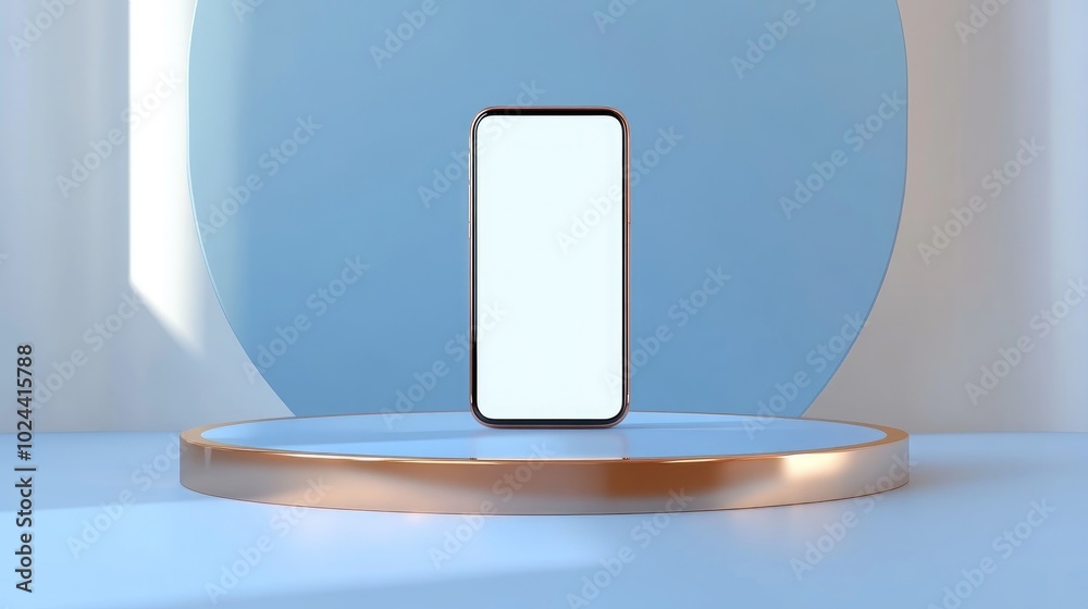 Poster blue smartphone displayed on a cylindrical podium featuring a gold border and two copper circles aga