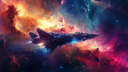 A futuristic spaceship navigates through a vibrant, colorful nebula.