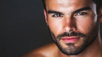 Fototapeta premium Close-up portrait of a man’s face, featuring strong facial features and a warm expression. The image captures the essence of masculinity and confidence, with well-defined jawlines and expressive eyes.