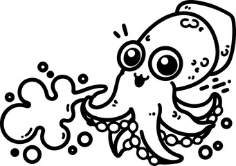 Cartoon squid shooting ink, hand-drawn in line art style. Vector illustration, isolated for easy use in kid's designs, playful projects, and underwater-themed creations.