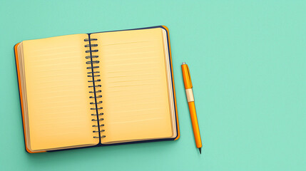 An open notebook lies on a light blue surface next to a yellow pen, illustrating the practice of journaling for psychological health and personal growth, copy space