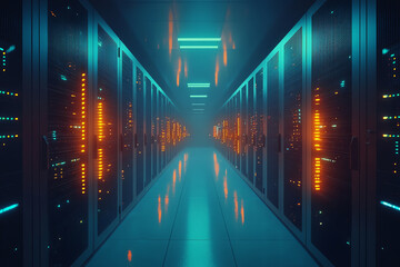 Futuristic data center corridor with glowing lights.