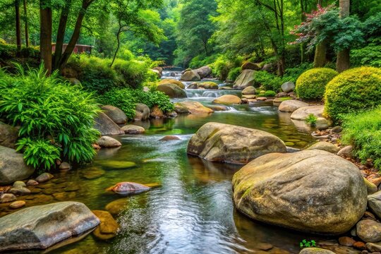 Tranquil boulder creek bed with green plants at Dollywood