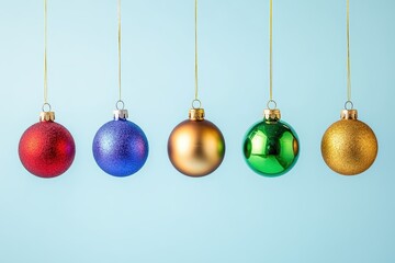 Colorful Christmas baubles hanging blue background