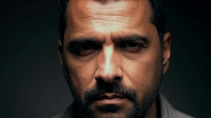 Dramatic close-up of middle-aged middle eastern man transitioning from suspicion to trust with static video, dramatic side lighting, and plain dark background