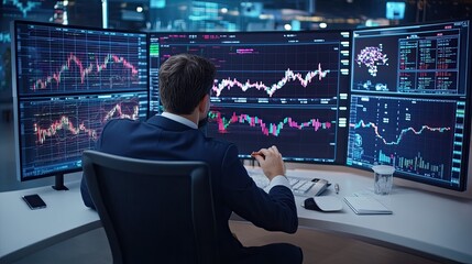 Obraz premium Investor at Futuristic Desk Analyzing Stock Market Trends