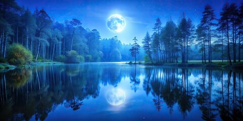 Tranquil forest pond with blue moonlight reflection