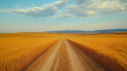 Fototapeta premium Drone footage showcasing a panoramic view of golden wheat fields stretching to the horizon, with a meandering dirt road cutting through the landscape, offering ample copy space in the sky