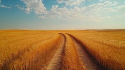 Fototapeta premium Drone footage showcasing a panoramic view of golden wheat fields stretching to the horizon, with a meandering dirt road cutting through the landscape, offering ample copy space in the sky