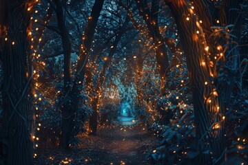 Obraz premium A forest with glowing lights on the trees, generative ai image