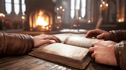Obraz premium A cozy scene featuring two hands gently touching the pages of an open book, with a warm fire glowing in the background.
