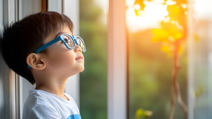 Young child wearing blue glasses focusing on distant tree outside window, symbolizing myopia prevention and importance of outdoor activities