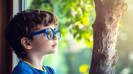 Young child wearing blue glasses focusing on distant tree outside window, symbolizing myopia prevention and importance of outdoor activities