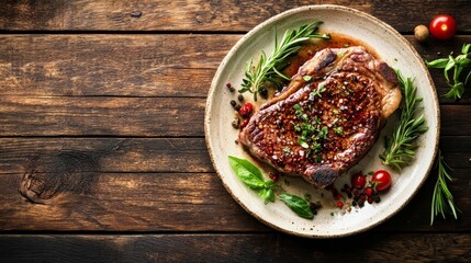 Ribeye steak on wooden table, top view