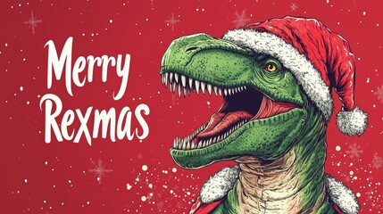 T-rex in Christmas costume with Santa Claus hat, on festive red background with text Merry Rexmas. Green dinosaurs illustration for card, poster, banner, wallpaper, background © Alena