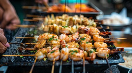 A street food vendor serving fresh seafood skewers with herbs and spices